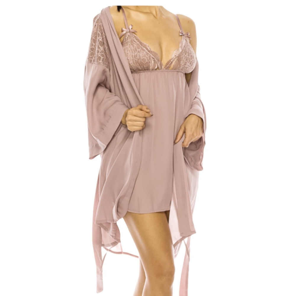 Love Lace & Microfiber Chemise Belted Robe Set NEW